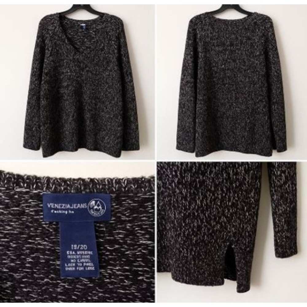 Venezia Jeans Women's Plus 18/20 Wool Sweater Black White Marled Knit V-Neck